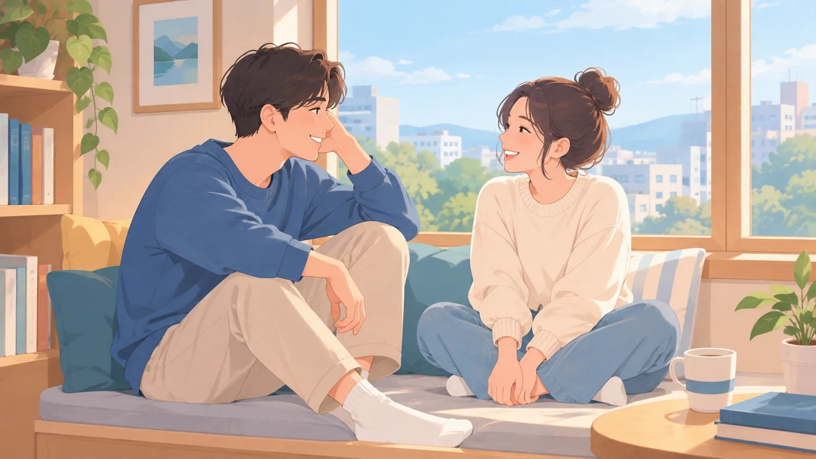 คู่รักนั่งคุยกันอย่างอบอุ่น
