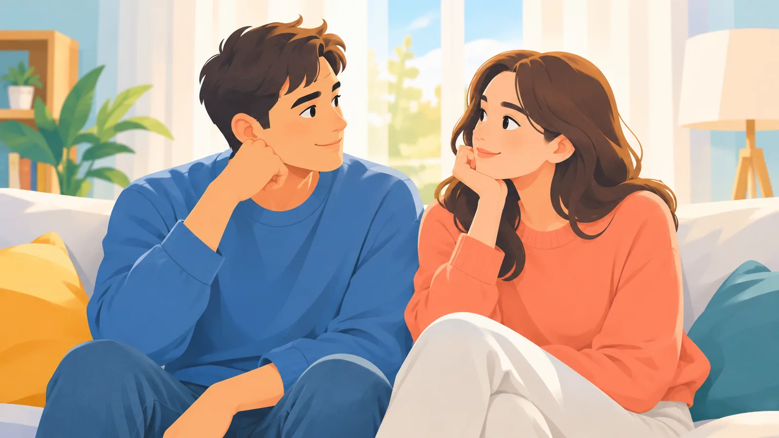 คู่รักนั่งข้างกันบนโซฟาและมองหน้ากันอย่างอบอุ่น