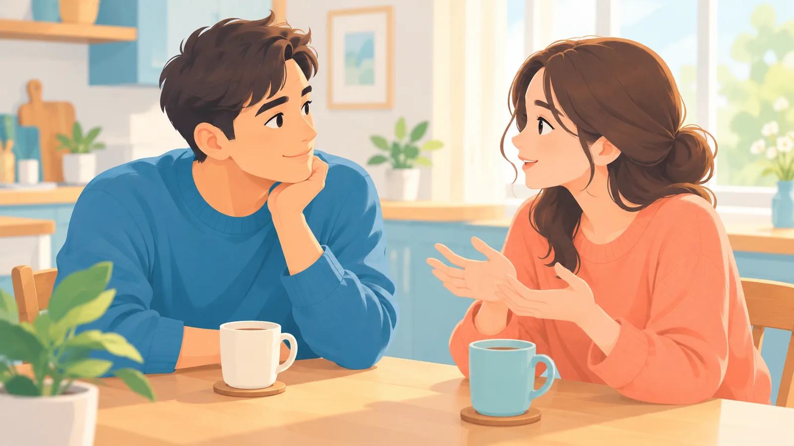 คนหนึ่งตั้งใจฟังอีกฝ่ายที่โต๊ะในครัว