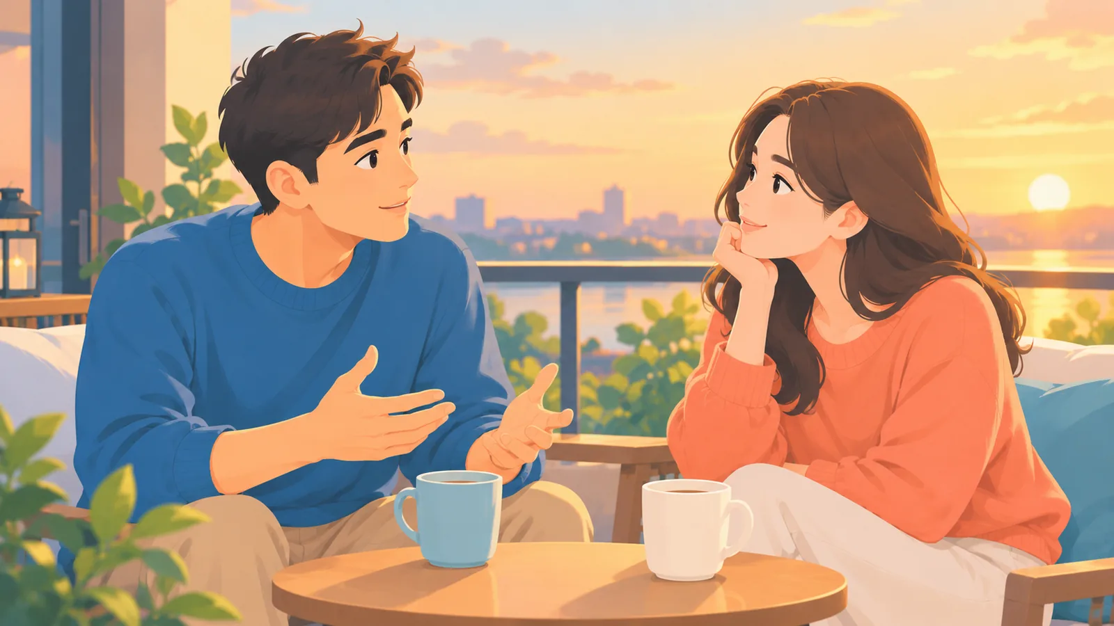 สองคนคุยกันอย่างตรงไปตรงมาบนระเบียง