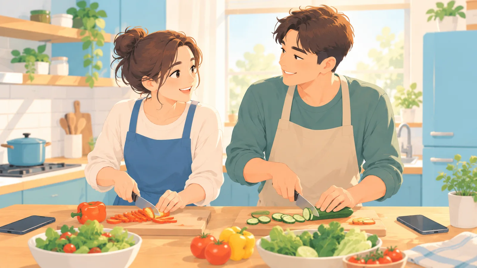 คู่รักทำอาหารเย็นด้วยกันอย่างอารมณ์ดี