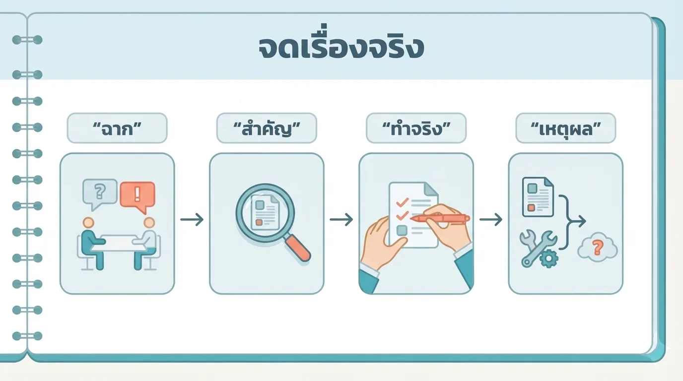 แบบบันทึกสี่ช่องเชื่อมสถานการณ์ สิ่งที่ให้ความสำคัญ การกระทำจริง และเหตุผลอื่นที่เป็นไปได้