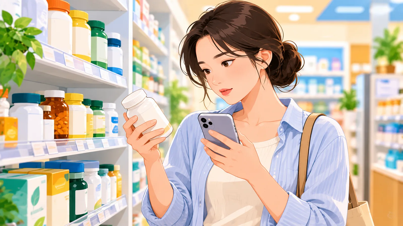 ผู้ซื้อใช้สมาร์ตโฟนตรวจเลขบนฉลากผลิตภัณฑ์ที่ร้านขายยา