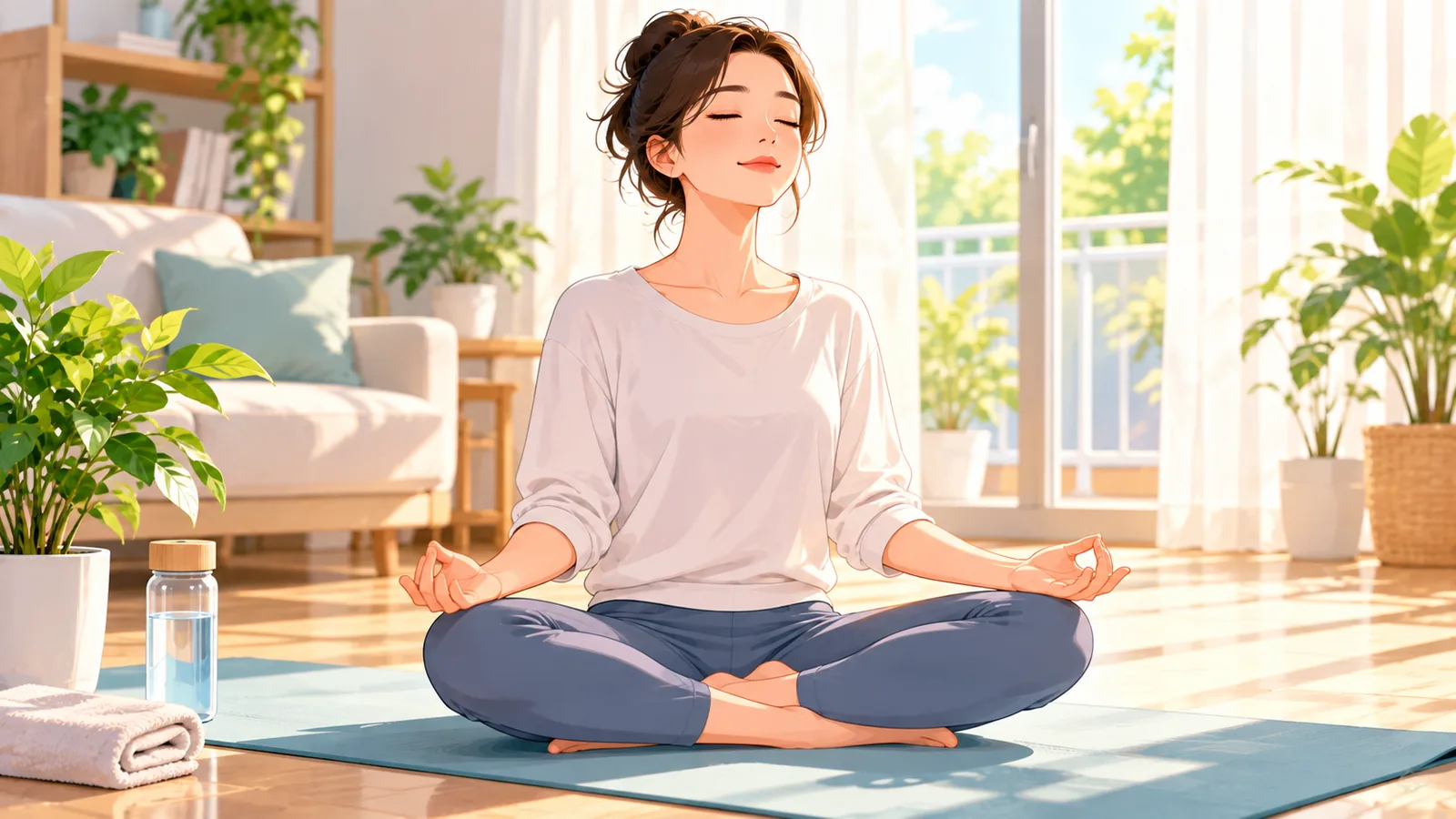 คนกำลังฝึกหายใจลึกๆ บนเสื่อโยคะในห้องที่มีแสงธรรมชาติ