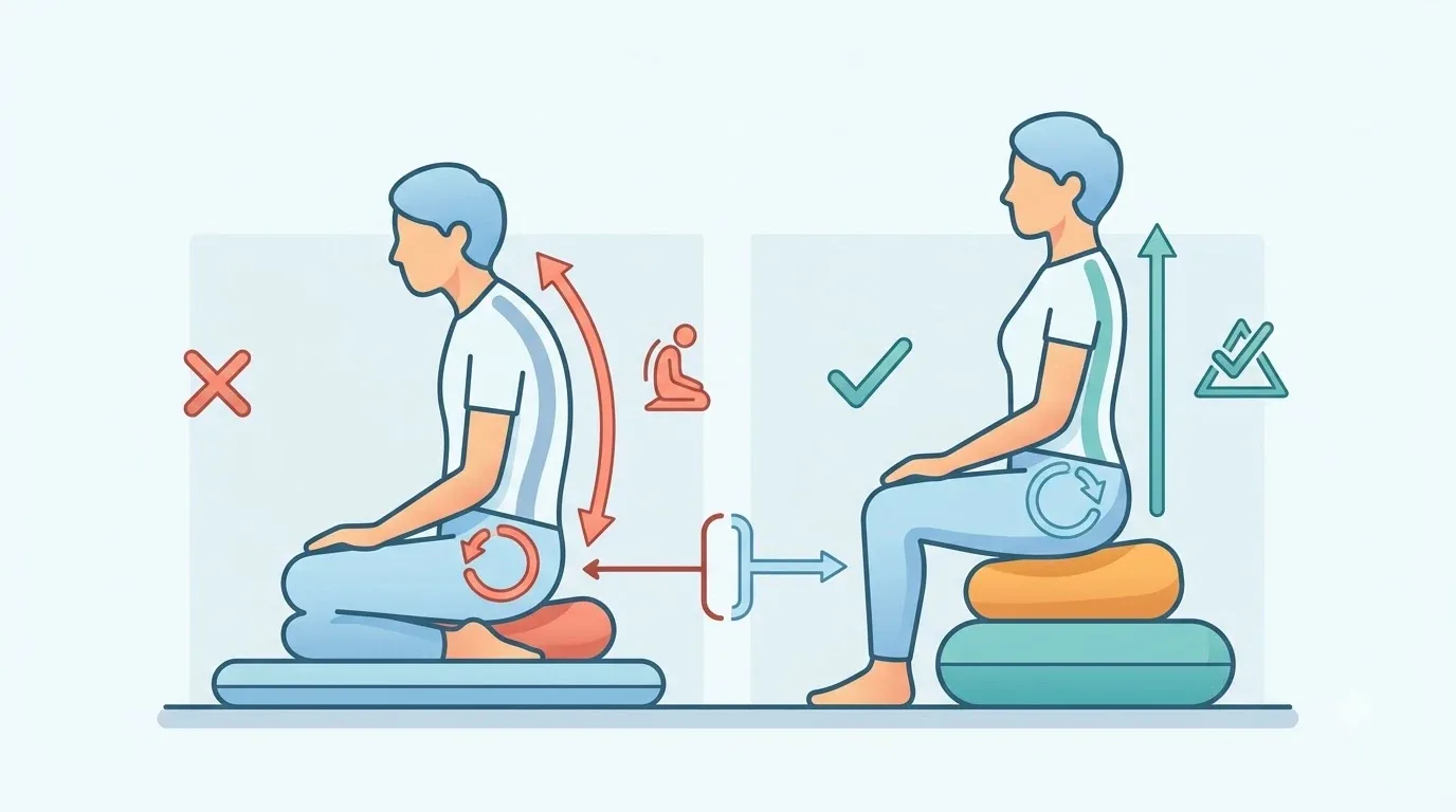 ผู้หญิงนั่งสมาธิบนเบาะกลมในห้องที่มีแสงธรรมชาติอ่อนๆ