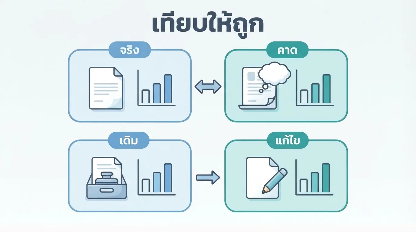 ผังสี่ช่องแยกตัวเลขจริงกับค่าคาดการณ์ และตัวเลขครั้งก่อนกับค่าที่ปรับปรุงแล้ว