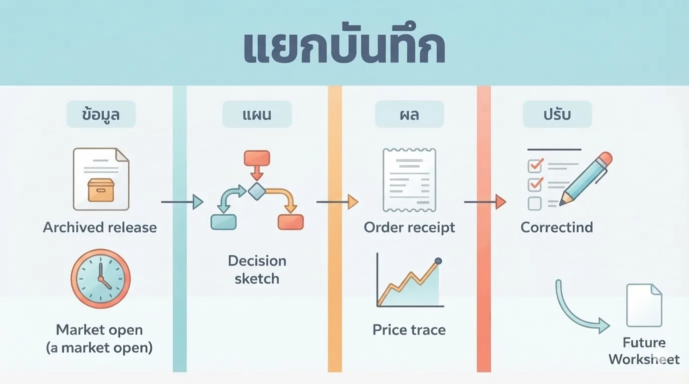 แบบทบทวนสี่ช่องแยกข้อมูลขณะประกาศ แผนตัดสินใจ ผลคำสั่ง และสิ่งที่จะปรับครั้งหน้า