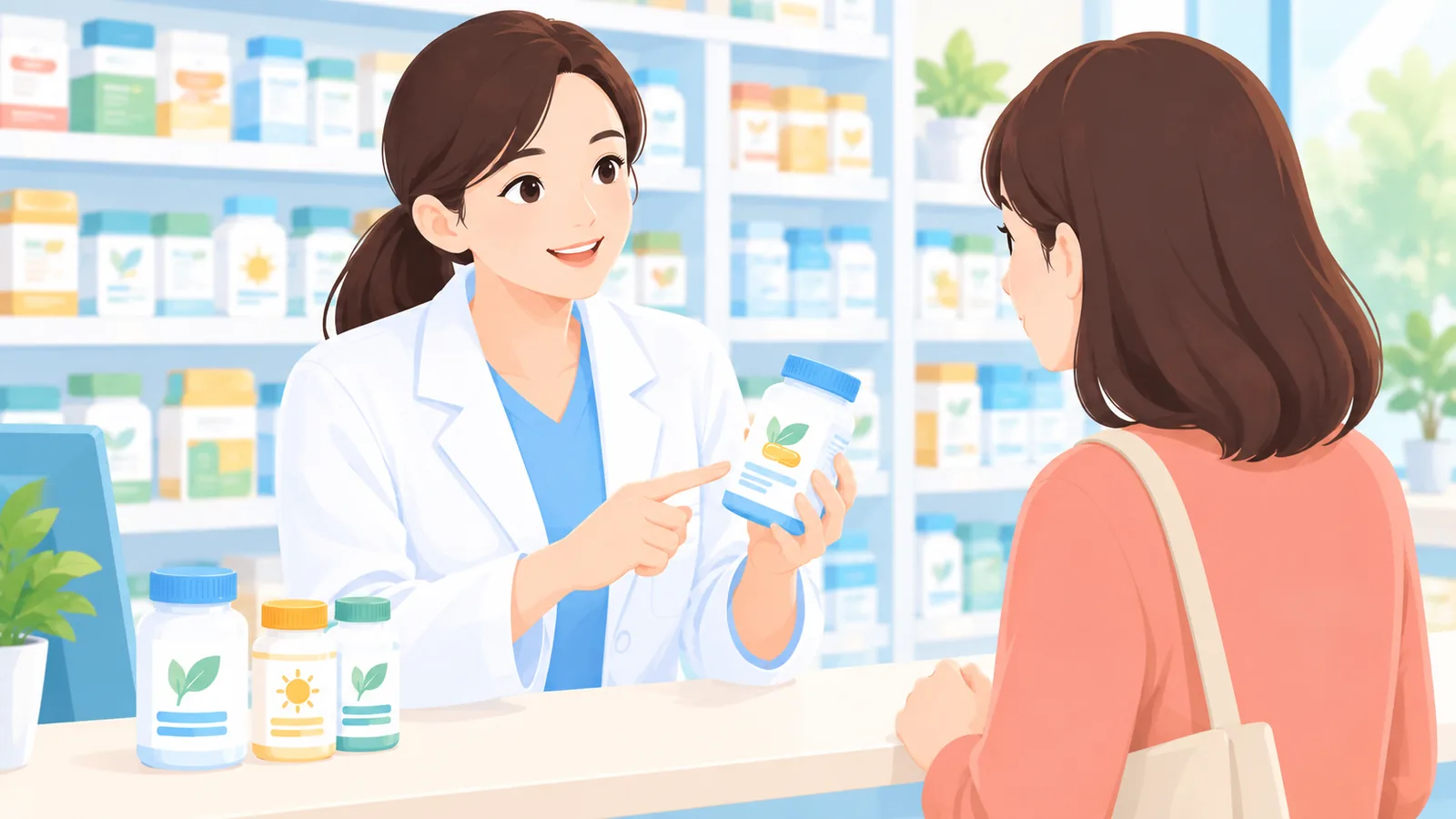 เภสัชกรกำลังให้คำแนะนำเรื่องอาหารเสริมกับลูกค้าที่เคาน์เตอร์