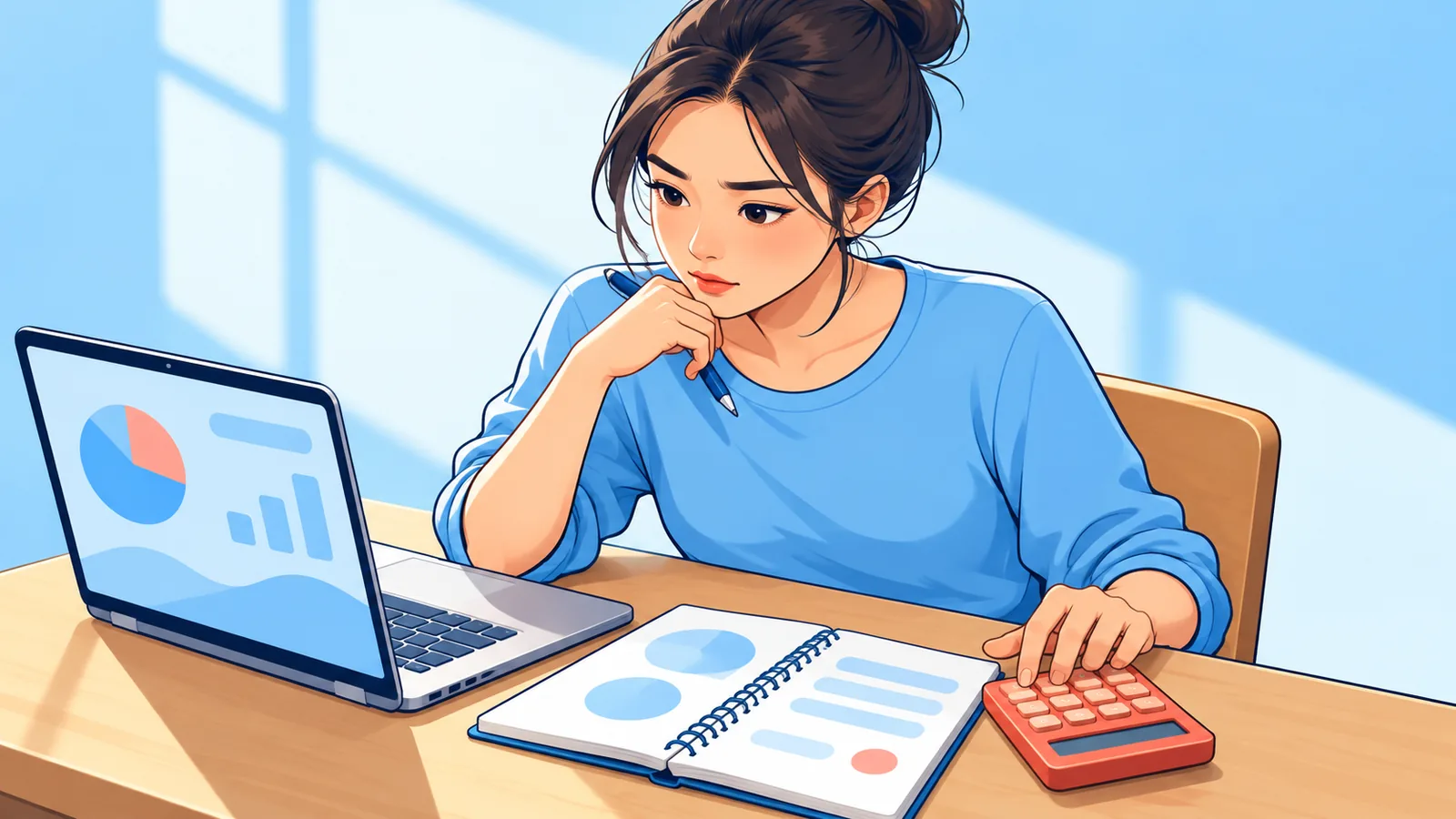 ผู้เช่านั่งคำนวณงบค่าเช่ารายเดือนด้วยเครื่องคิดเลขและสมุดจดบนโต๊ะทำงาน