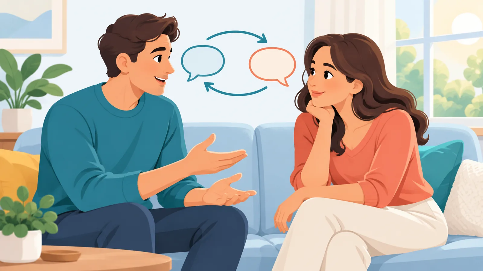 สองคนนั่งคุยกันอย่างเปิดใจบนโซฟา