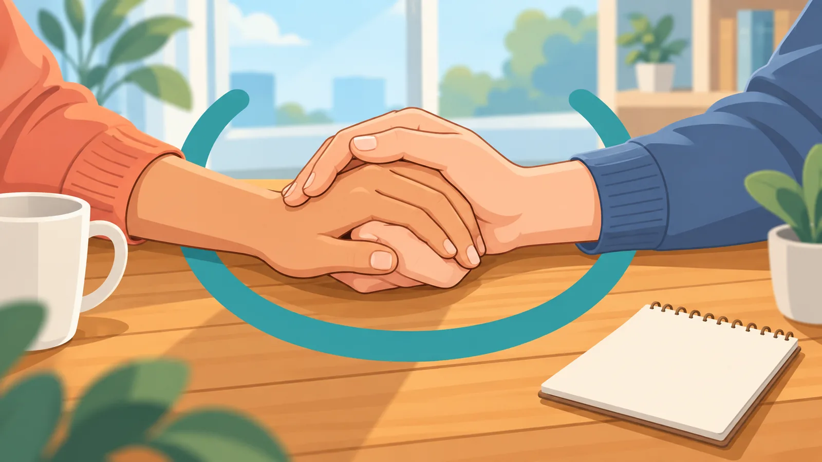 มือสองข้างประสานกันข้างโน้ตลายมือบนโต๊ะไม้ สื่อถึงความไว้วางใจ