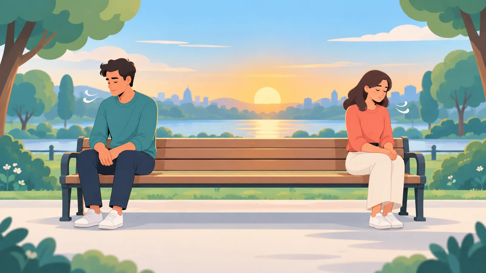 สองคนนั่งพักใจที่ม้านั่งในสวนหลังเกิดความเห็นไม่ตรงกัน
