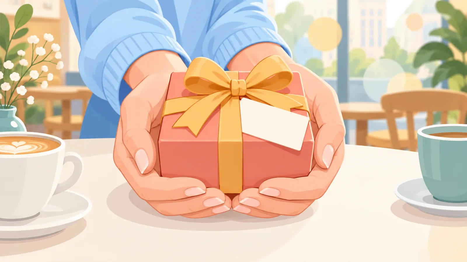 มือถือของขวัญห่อสวยพร้อมการ์ดในบรรยากาศอบอุ่น