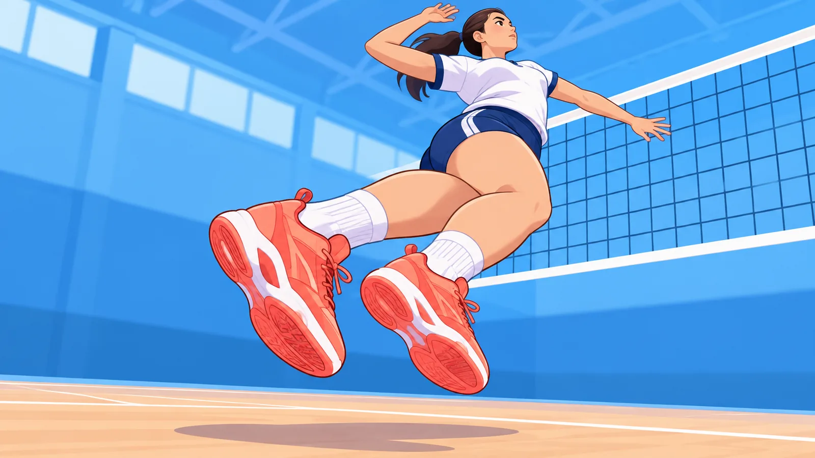 นักวอลเลย์บอลกระโดดข้างตาข่ายในโรงยิม เห็นข้อเท้าและรองเท้ากีฬา