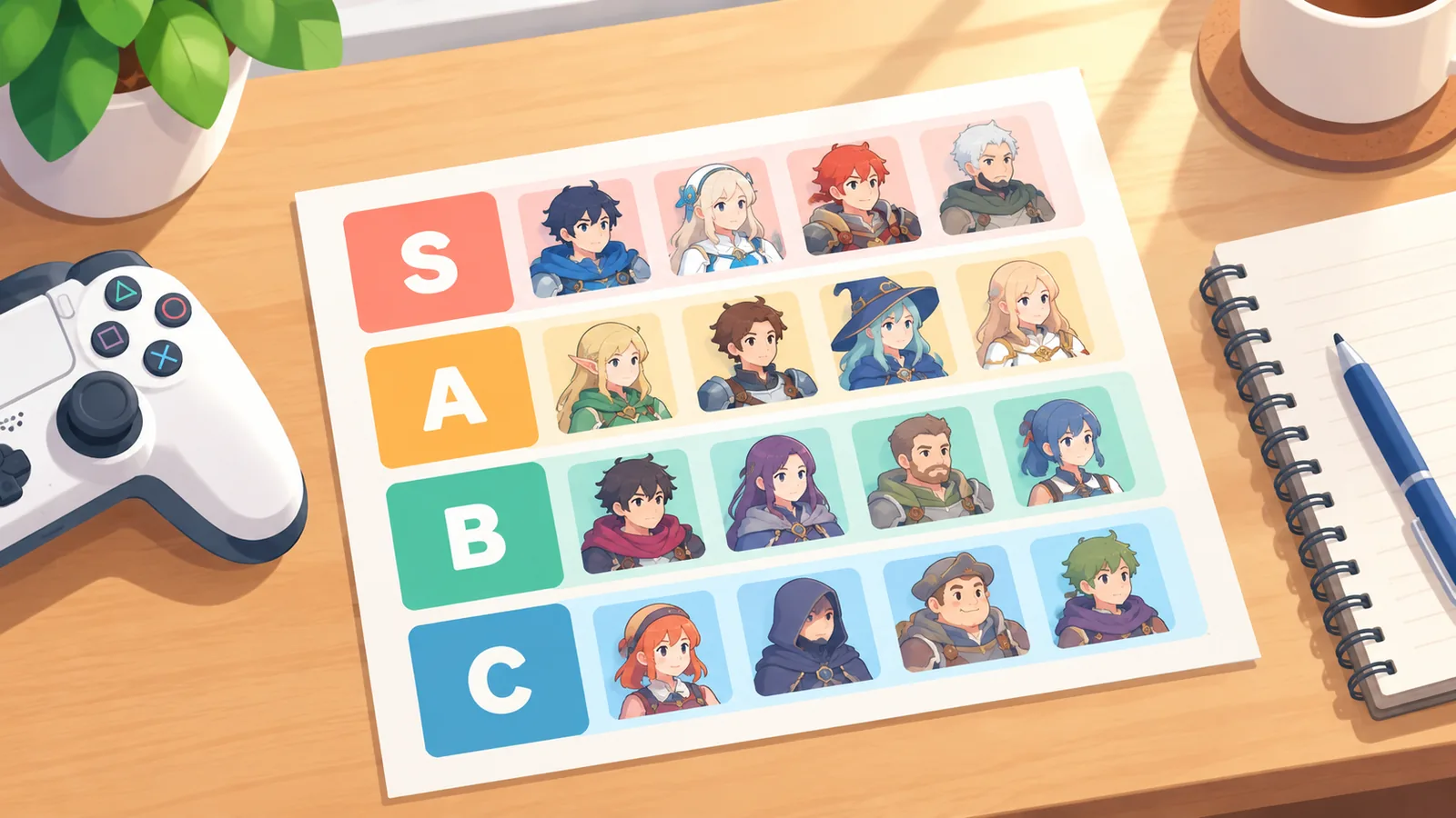 ตารางจัดอันดับชั้น S, A, B, C วางบนโต๊ะข้างจอยเกม