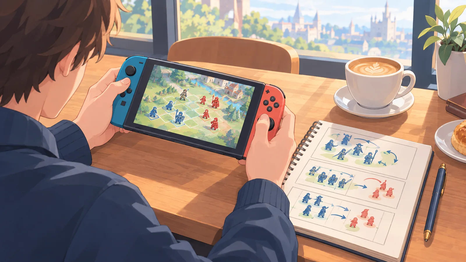 ผู้เล่นถือเครื่องเกมพกพาพร้อมสมุดจดแผนจัดทีมที่โต๊ะคาเฟ่