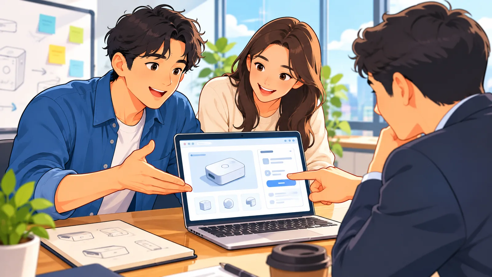ผู้ก่อตั้งสองคนสาธิตต้นแบบผลิตภัณฑ์ให้ลูกค้าที่สนใจดู