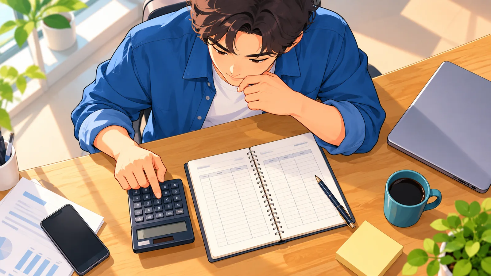 ผู้ก่อตั้งกำลังวางแผนงบประมาณด้วยเครื่องคิดเลขและสมุดจดบันทึก