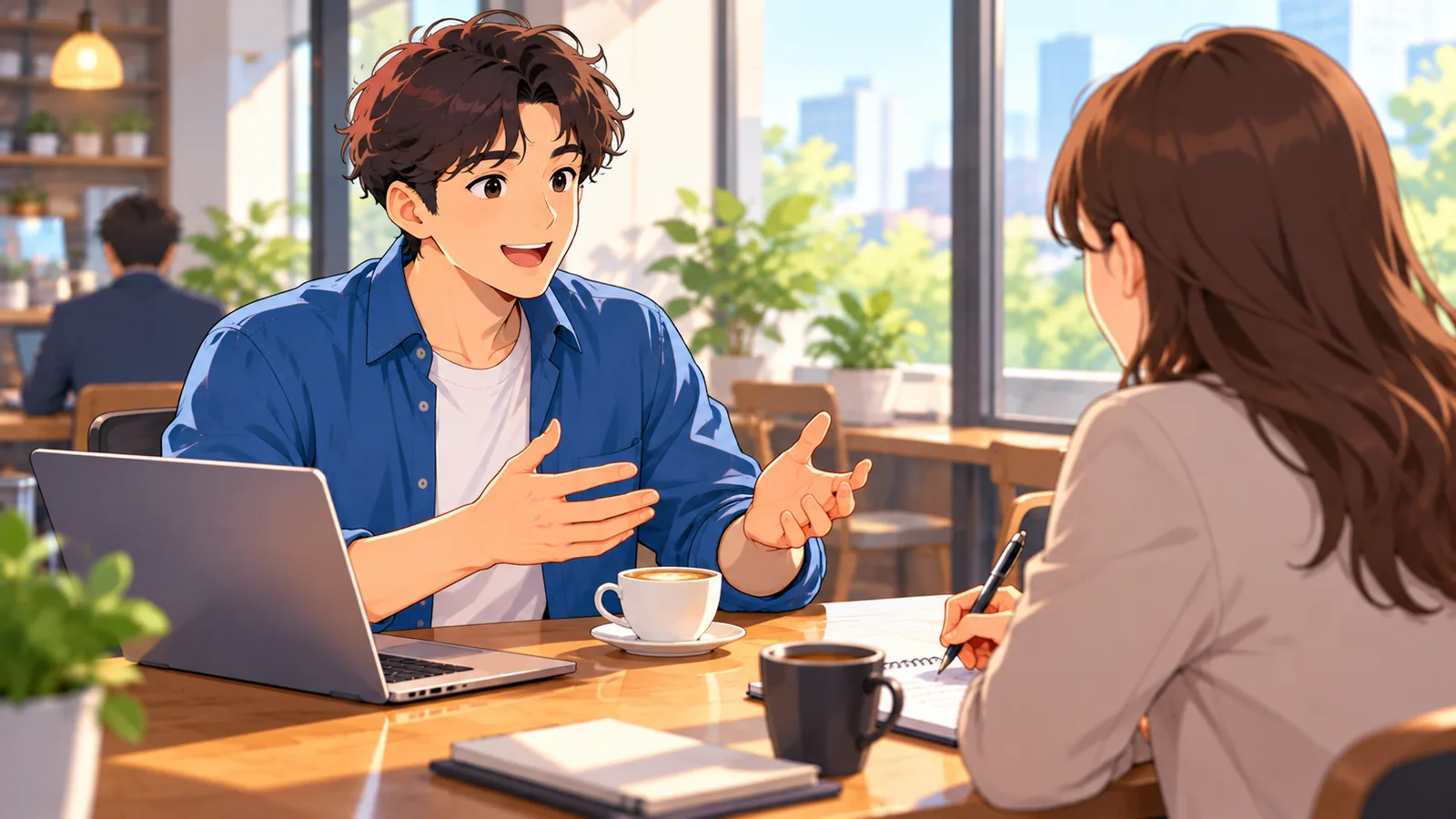 สองคนคุยกันในร้านกาแฟ คนหนึ่งตอบคำถามและอีกคนจดบันทึก
