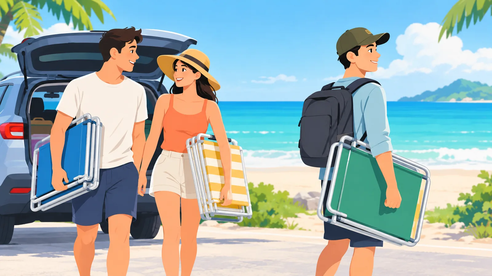 นักท่องเที่ยวถือเก้าอี้ชายหาดคนละแบบบนหาดทรายในวันที่แดดสดใส