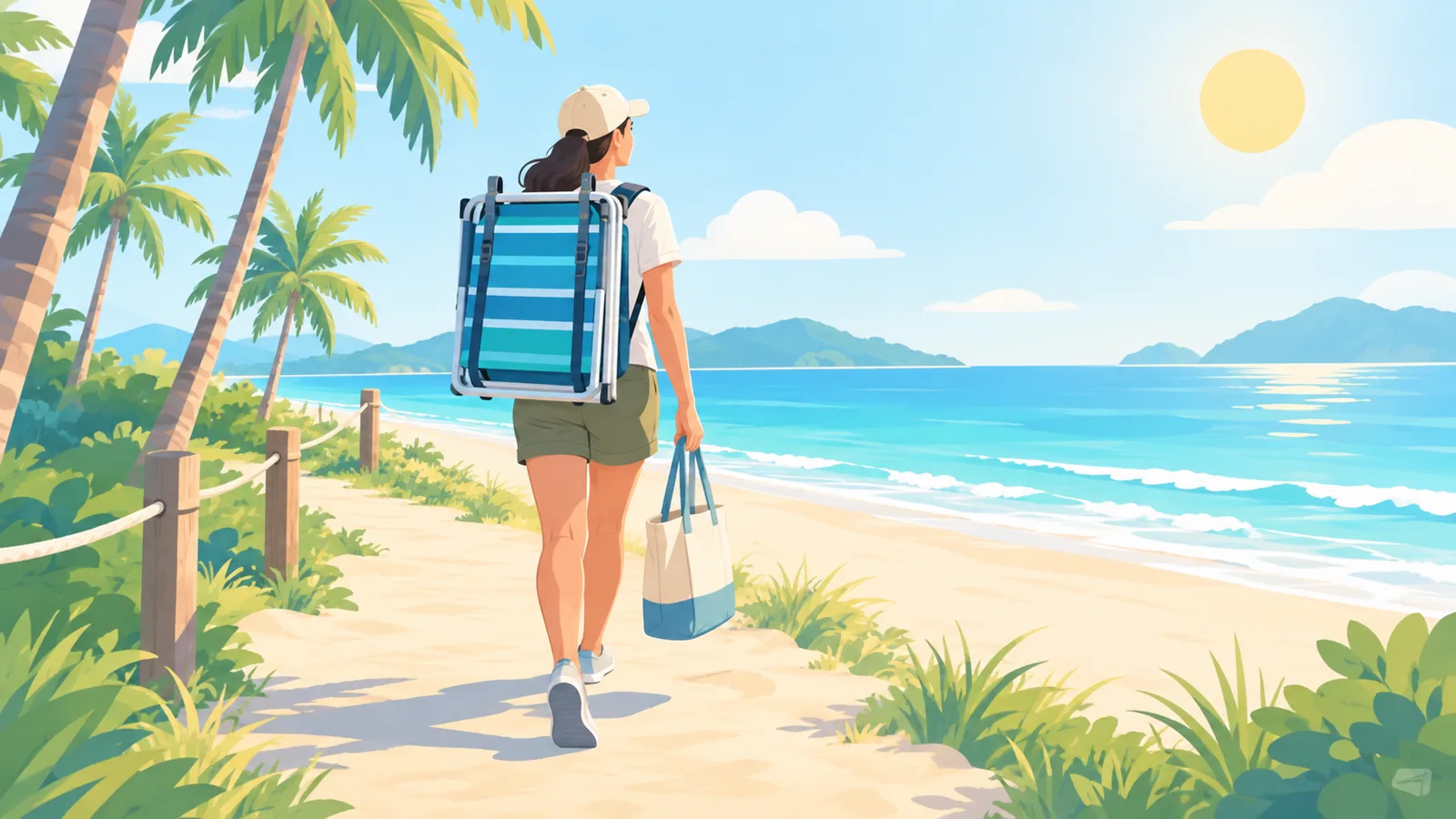 เก้าอี้ชายหาดพับเก็บวางคู่กับตลับเมตรและตัวอย่างผ้าบนพื้นทราย