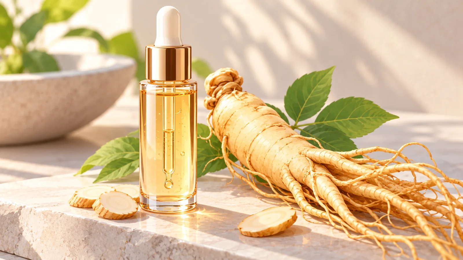 Ginseng kökünün yanında duran göz çevresi serumu şişesi