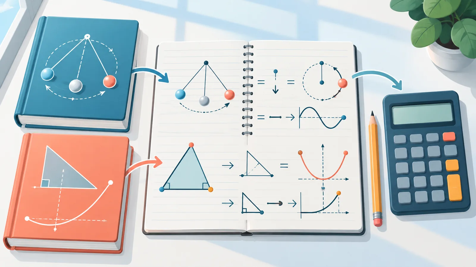 Fizik ve matematik kitapları ile denklem dolu defter