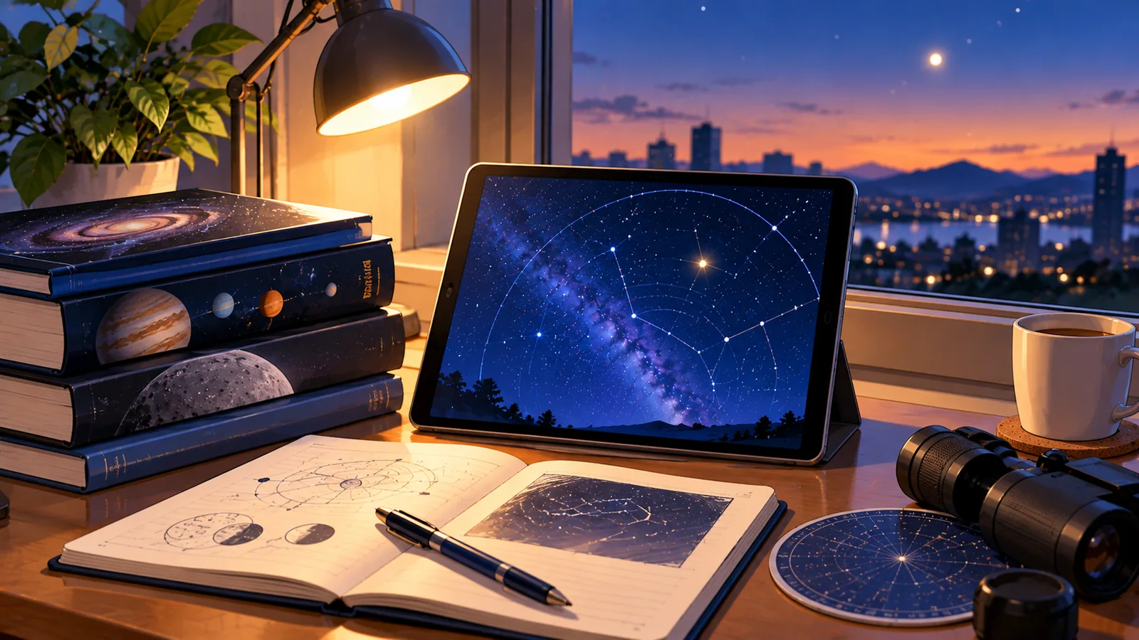 Bilim kitapları ve gökyüzü haritası gösteren tablet