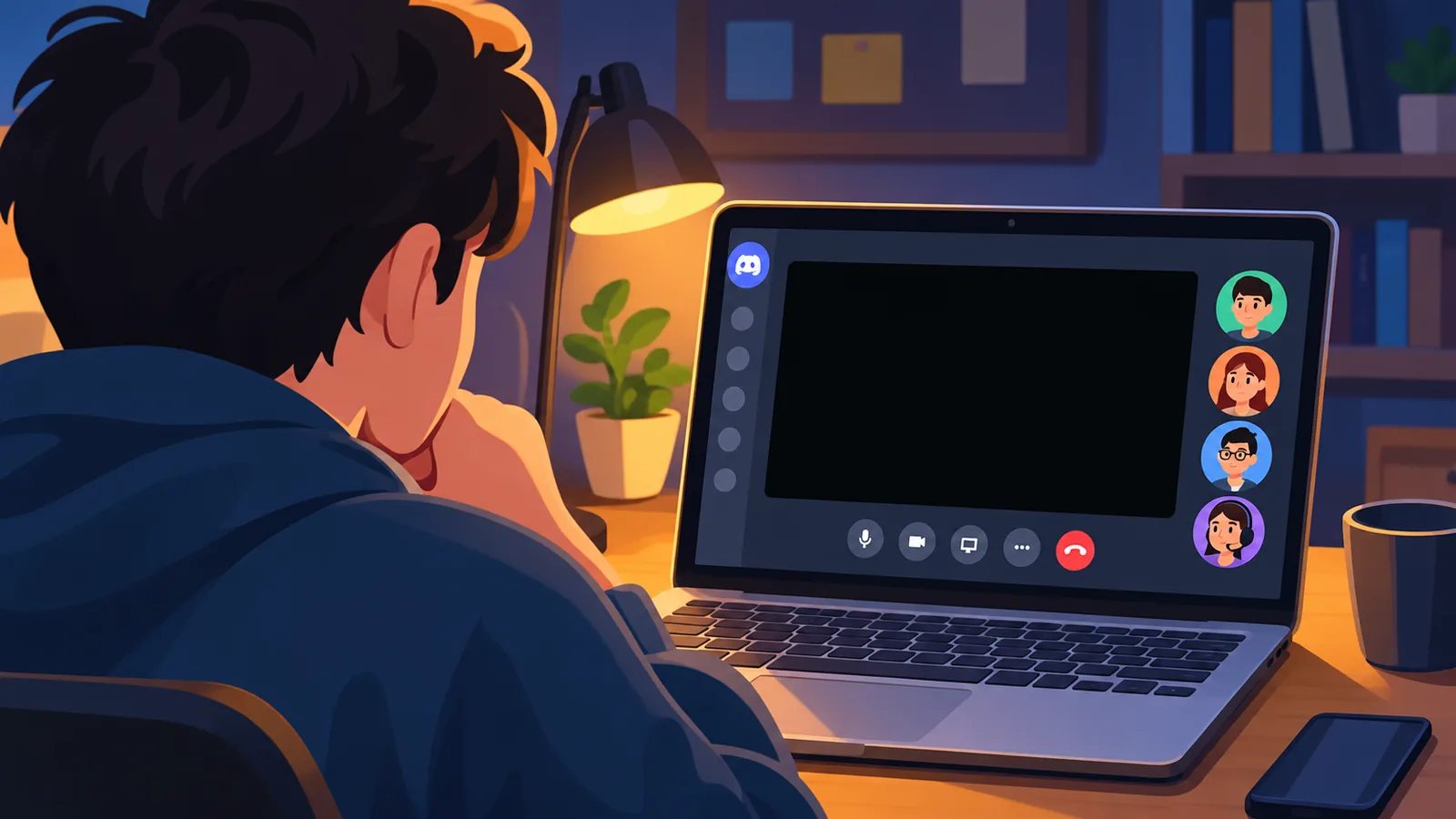 Discord görüşmesinde siyah paylaşım ekranına bakan kişi