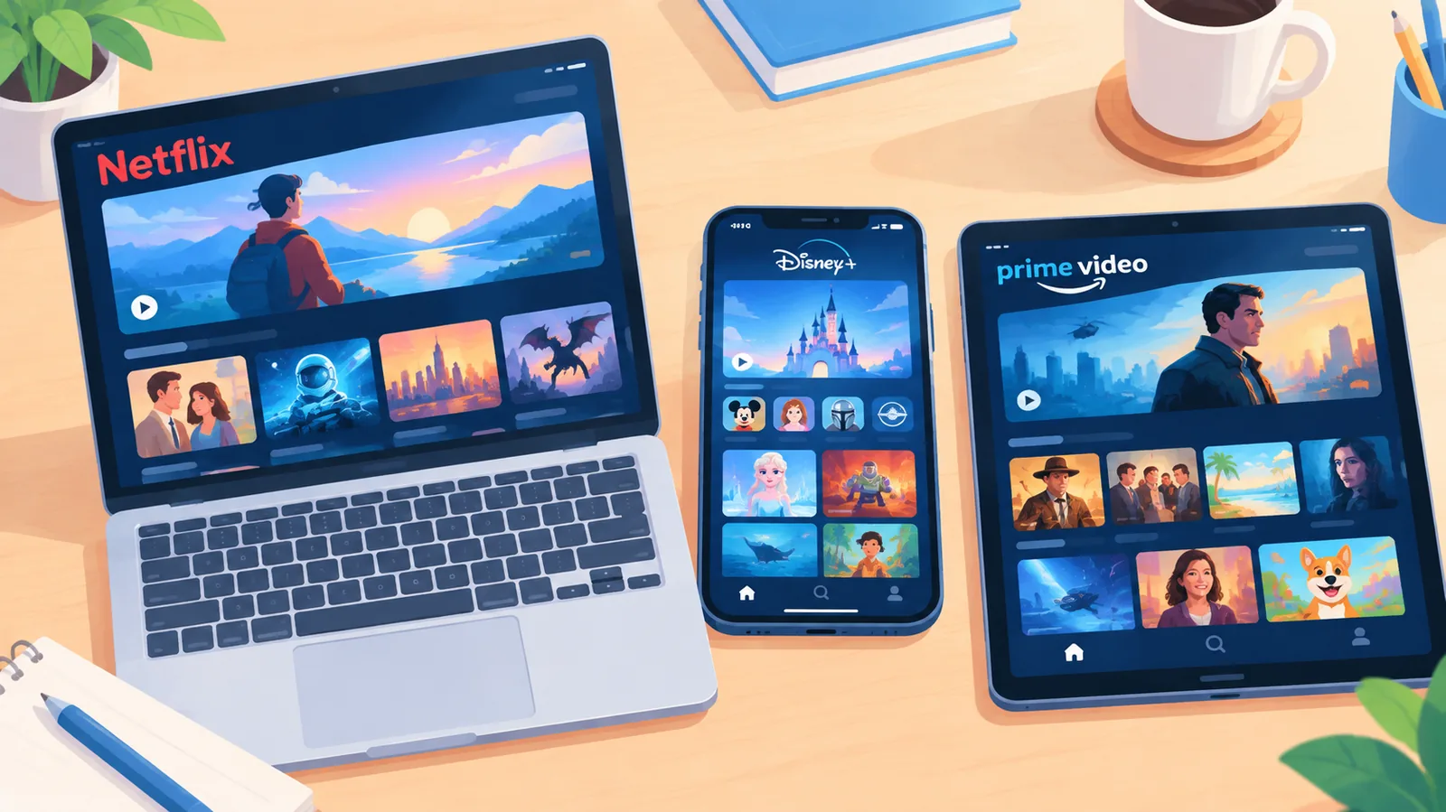 Masada yan yana duran laptop, telefon ve tablette farklı akış uygulamaları
