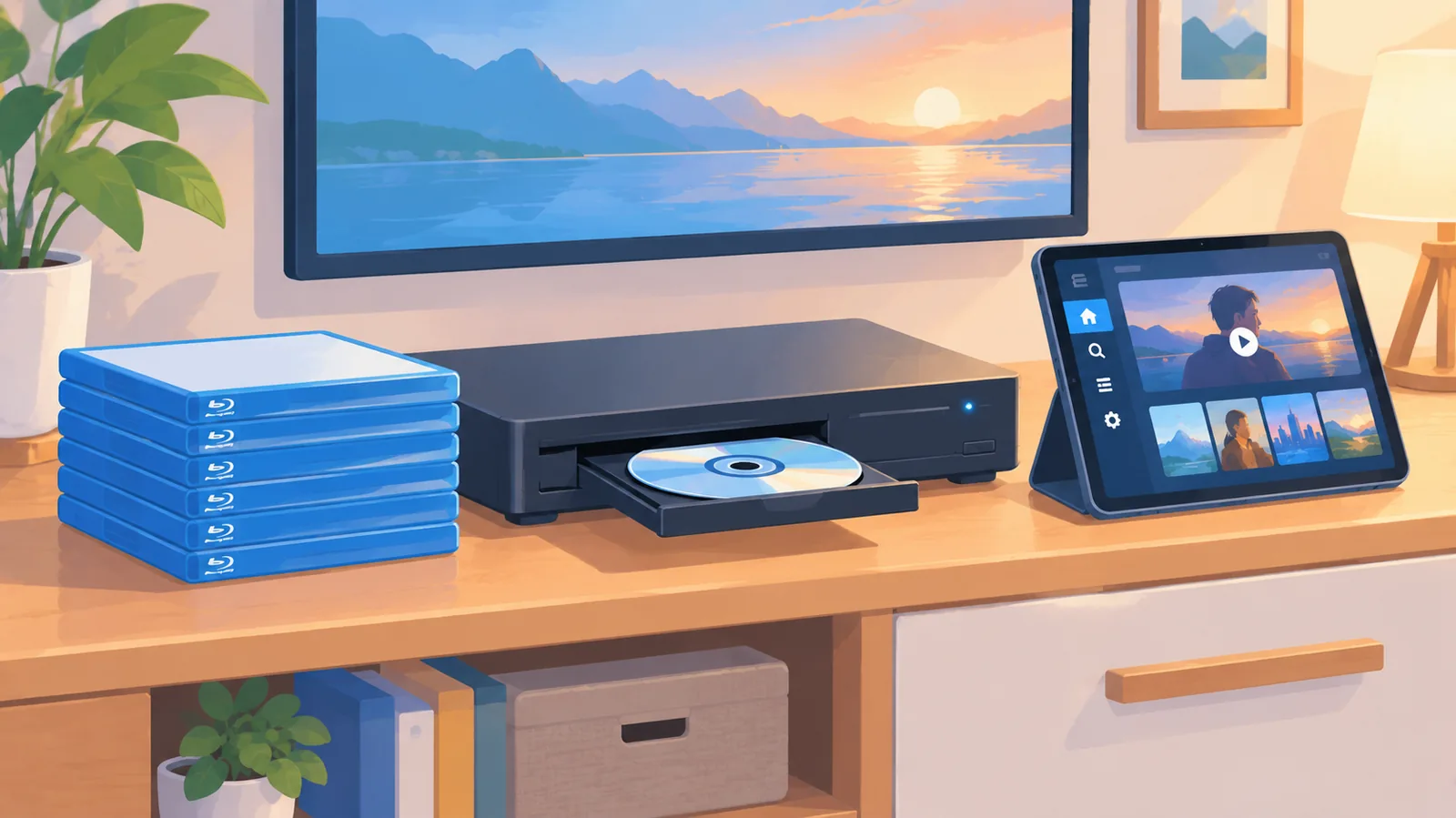 Blu-ray kutuları, disk oynatıcı ve tablet ile düzenli medya dolabı