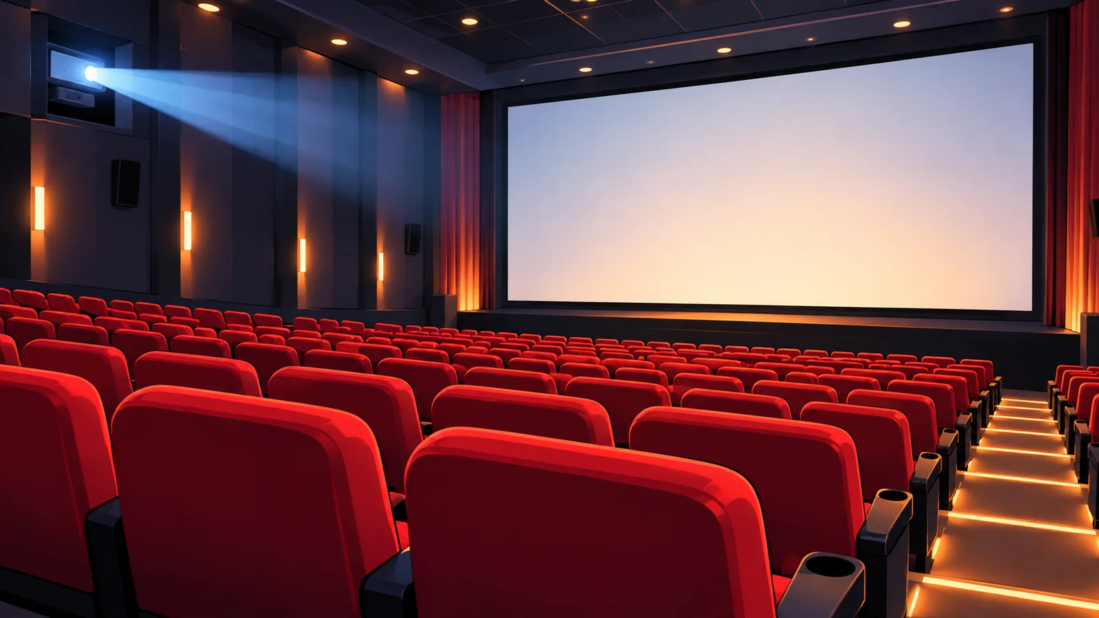 Açılıştan önce boş bir sinema salonu ve perde