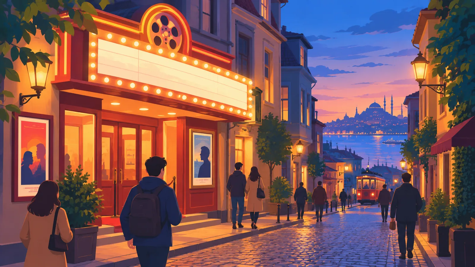 İstanbul'da akşam vakti ışıklı bir mahalle sineması