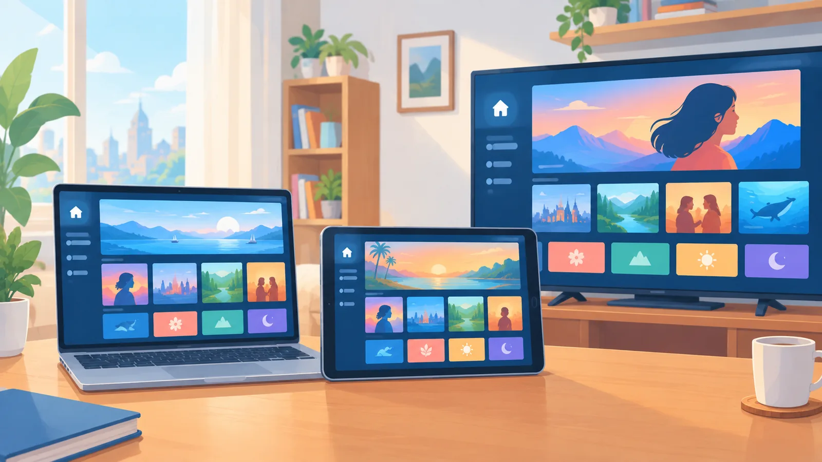 Yan yana duran dizüstü bilgisayar, tablet ve akıllı televizyon