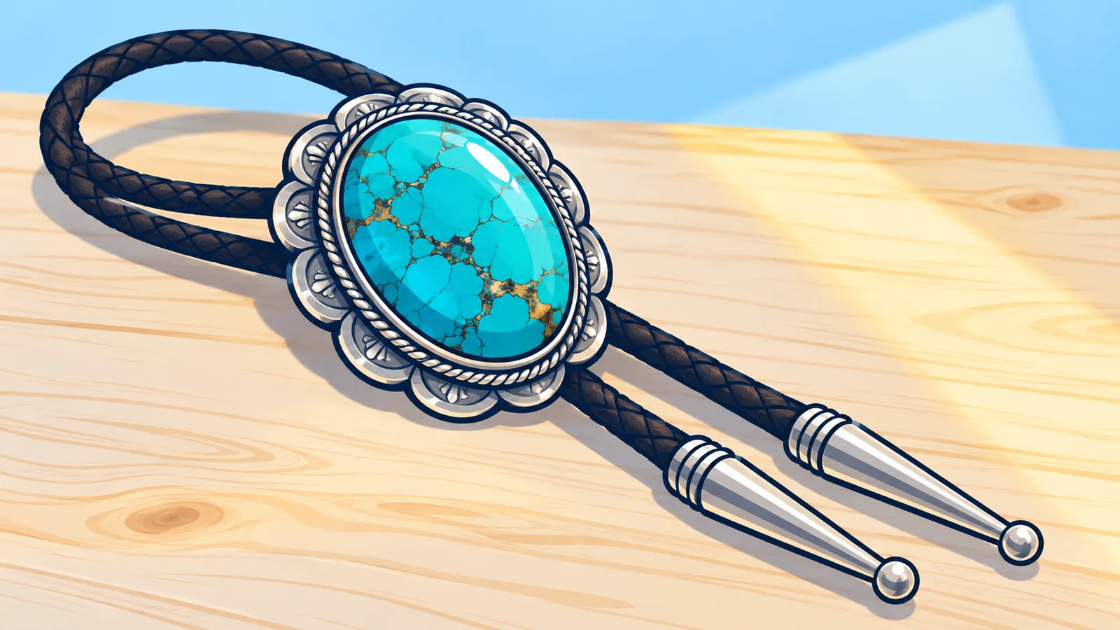 Gümüş bir bolo tie ve turkuaz slayt