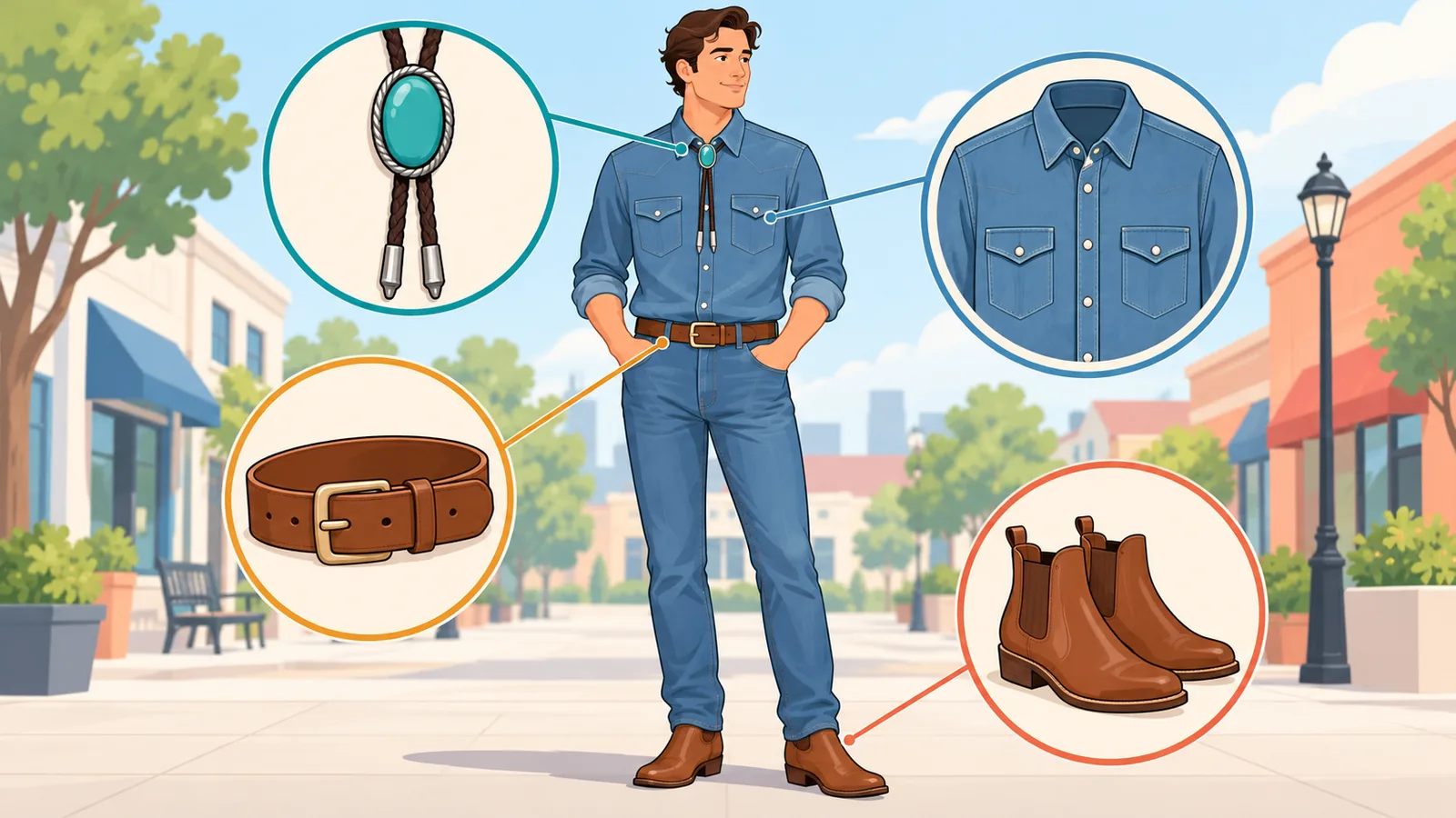 Denim gömlek ve bot ile rahat bolo tie kombini