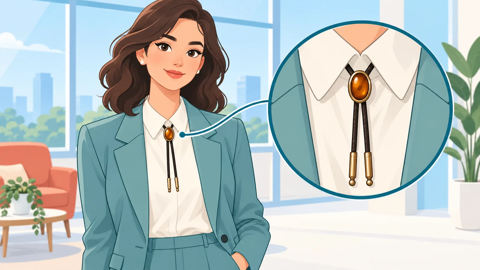 Blazer ve bluzla bolo tie takan kadın