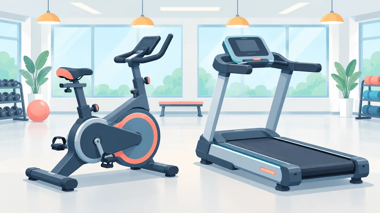 Aydınlık bir spor salonunda yan yana duran sabit bisiklet ve koşu bandı