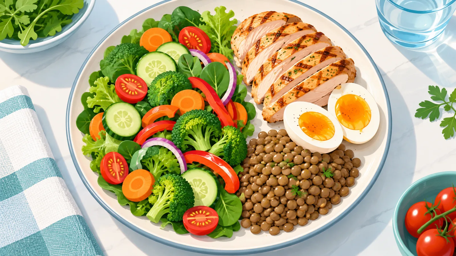 Izgara tavuk, yumurta, mercimek ve sebzelerden oluşan protein ağırlıklı dengeli tabak
