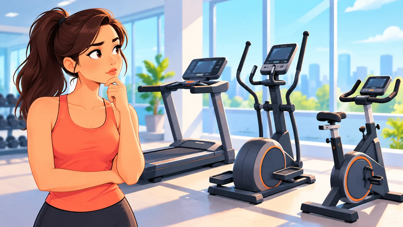 Spor salonunda sıralanmış kardiyo aletlerine bakan kişi