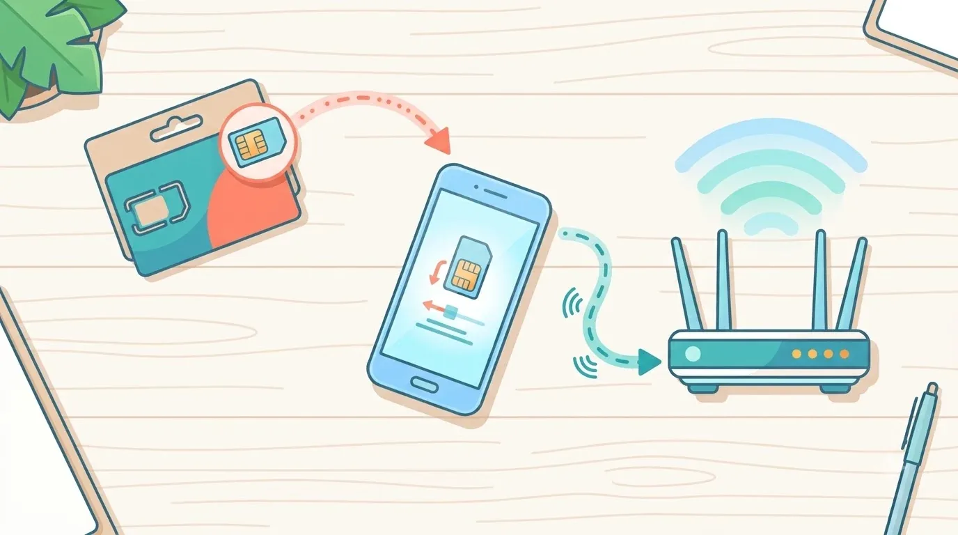 Telefon, Wi-Fi yönlendirici ve abonelik kartı masa üstünde
