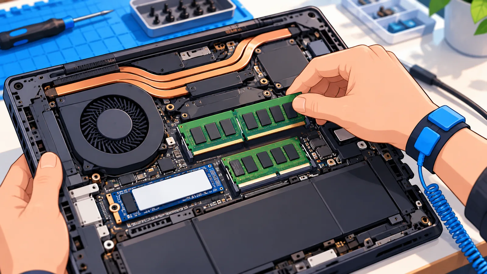 Dizüstünün içinde RAM modülleri, SSD yuvası ve fan yakın çekim
