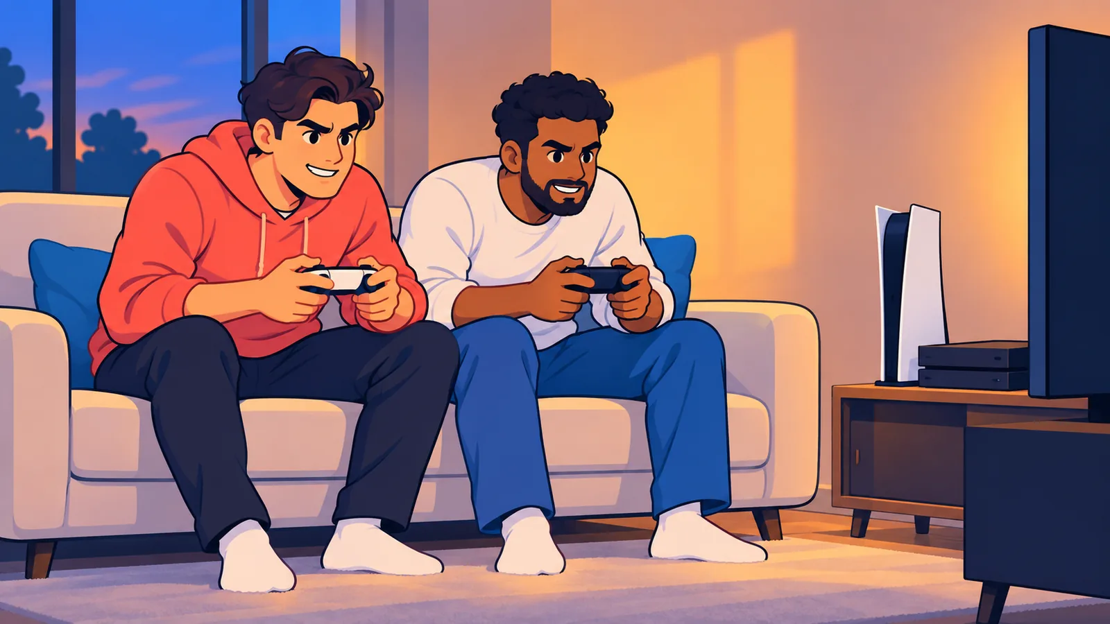 PS5 ve PS4 ile oturan iki arkadaşın salon görseli