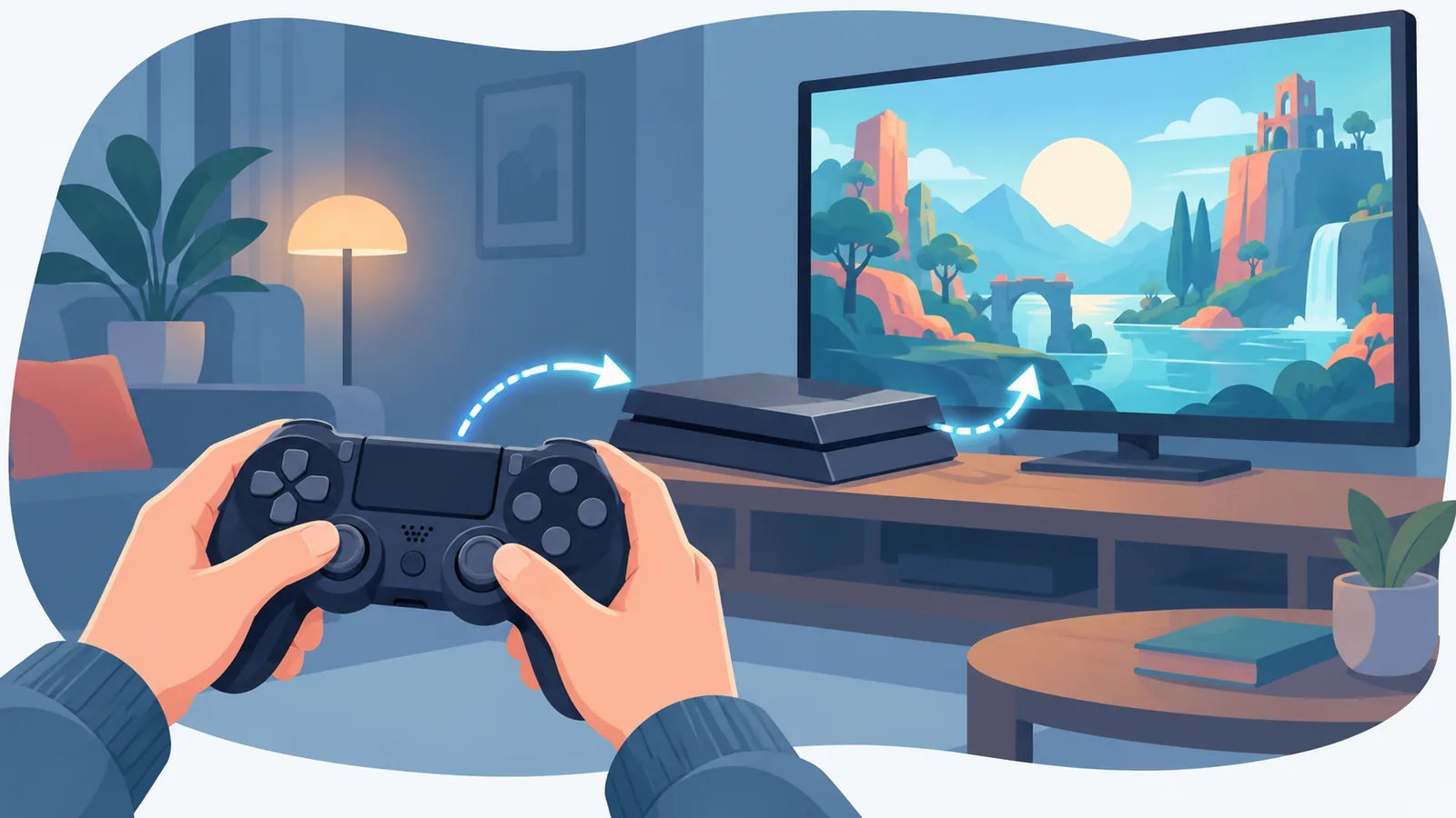 PS4 kumandası tutan el ve monitör görseli