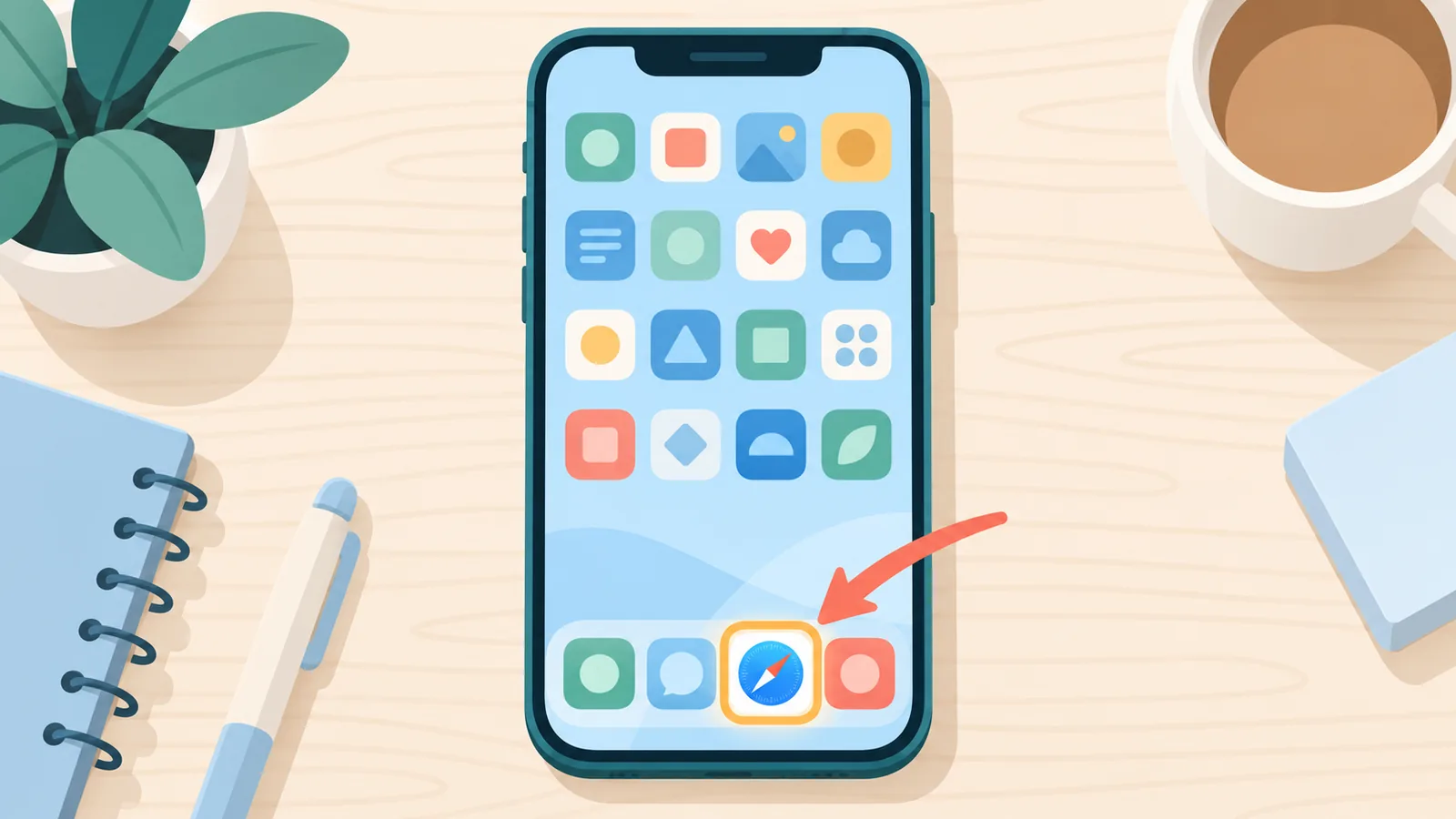 iPhone ana ekranında Safari simgesi ve tarayıcı adres çubuğu