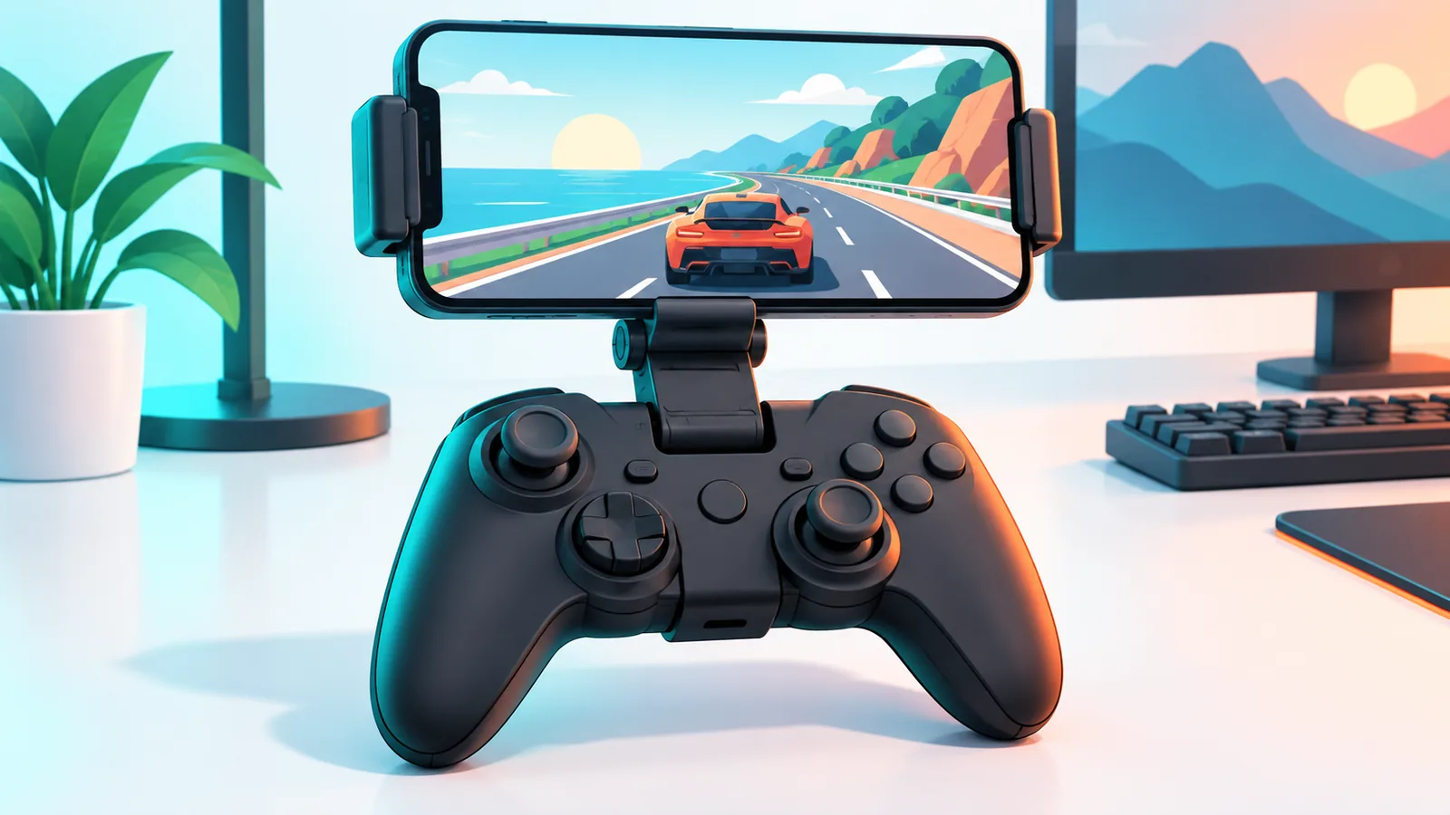 Xbox kontrolcüsüne bağlı tutucuda duran iPhone