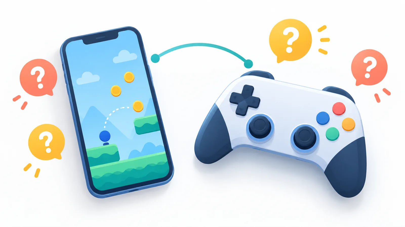 Soru işaretli bildirimlerle çevrili iPhone ve Xbox kontrolcüsü