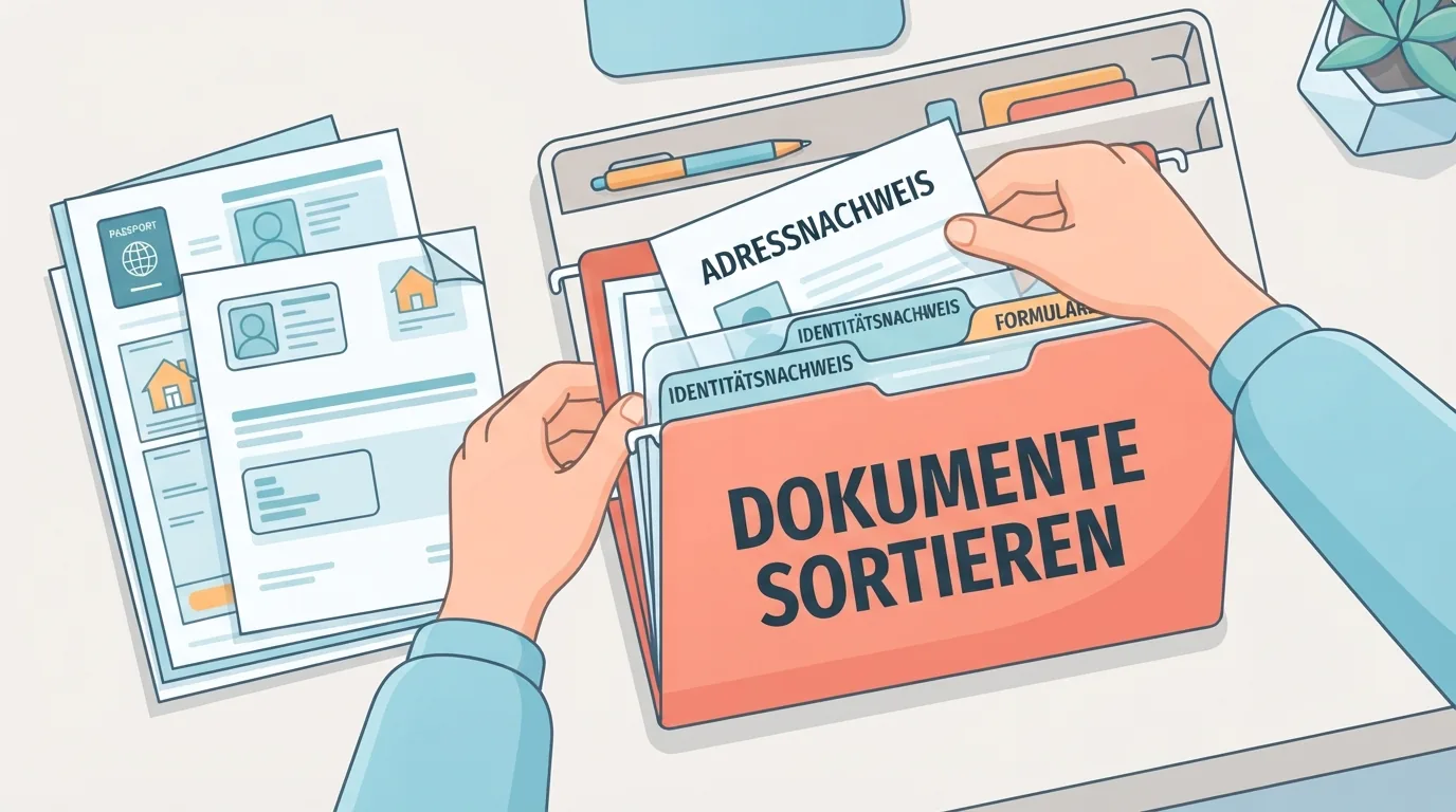 Resmi bir binanın önünde başvuru formunu tutan genç