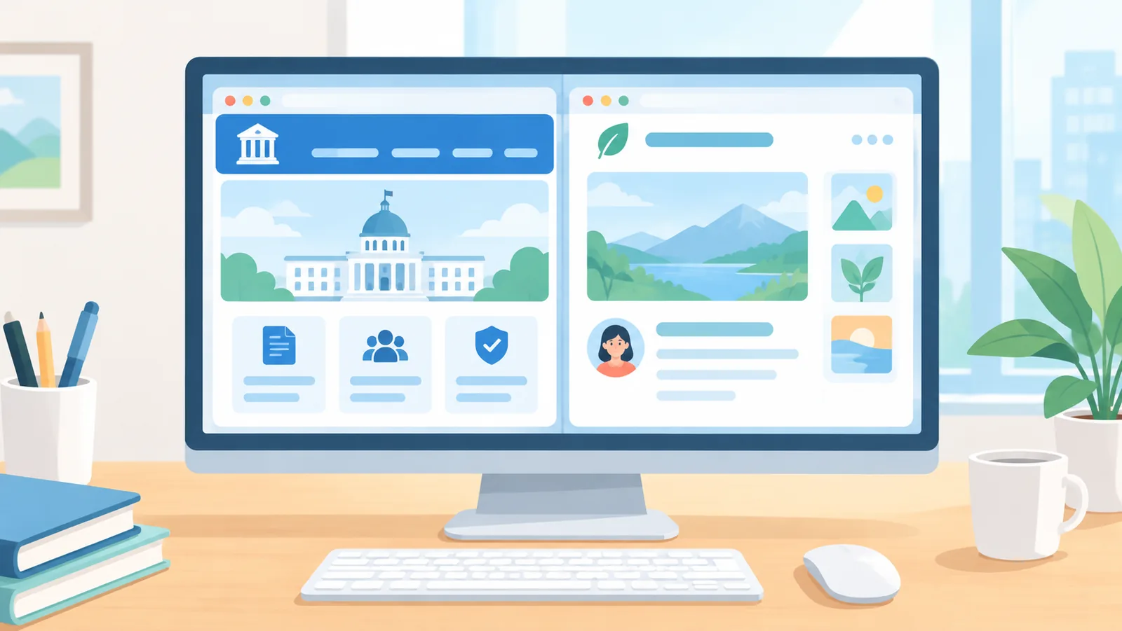 Resmî site ile blog sayfasını yan yana gösteren monitör