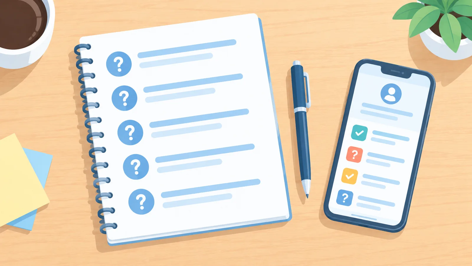 Defter, kalem ve telefonun bulunduğu masa üstü görünüm